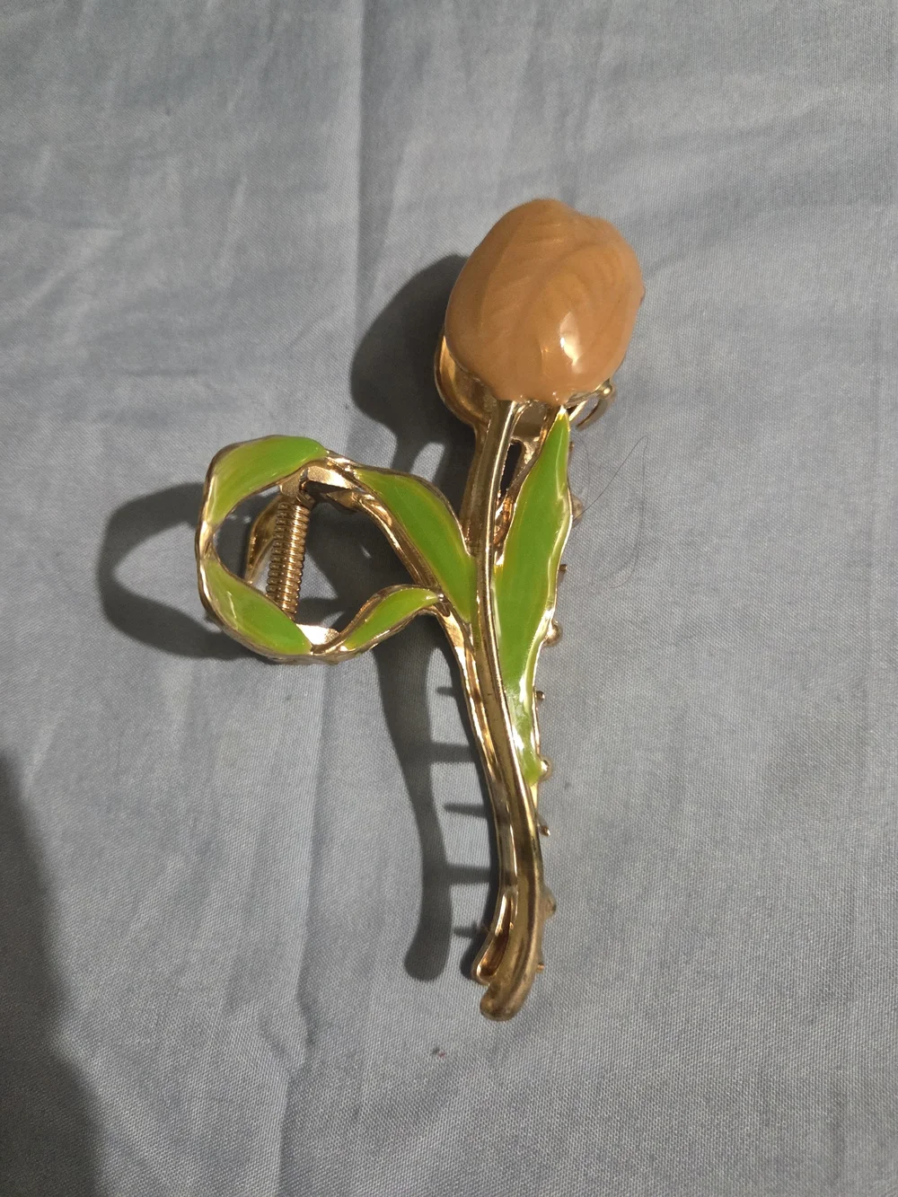 Gold-Tone Peach Tulip Hair Clip with Green Enamel Leaves